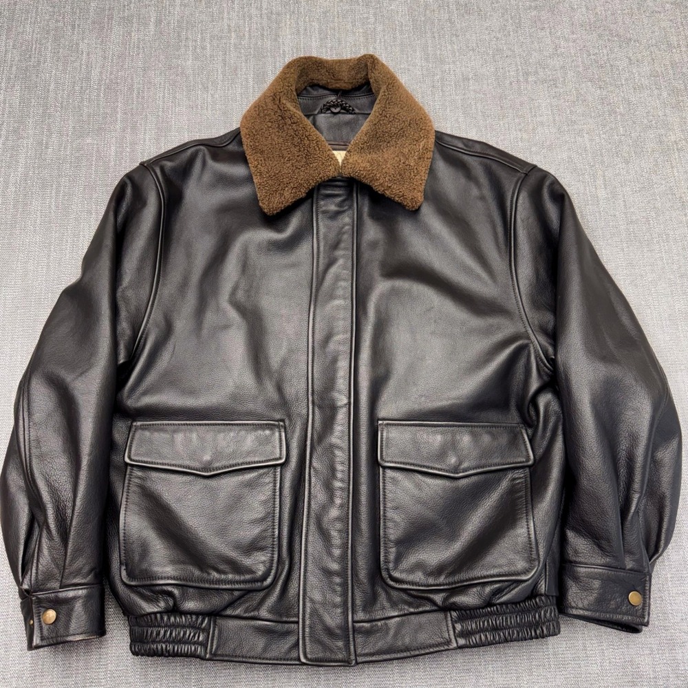 Jos A Bank Leather Dark Brown Bomber Jacket Mens Removable Lamb Fur Collar  Med
